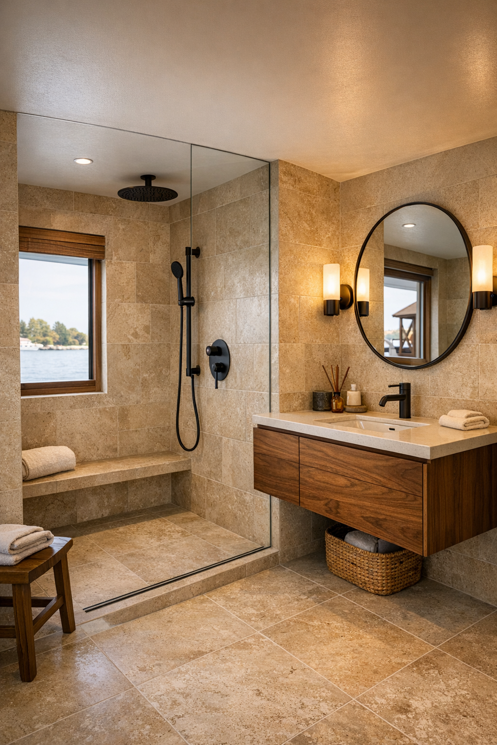 Warm modern bathroom with curbless shower, walnut vanity, and limestone-look tile