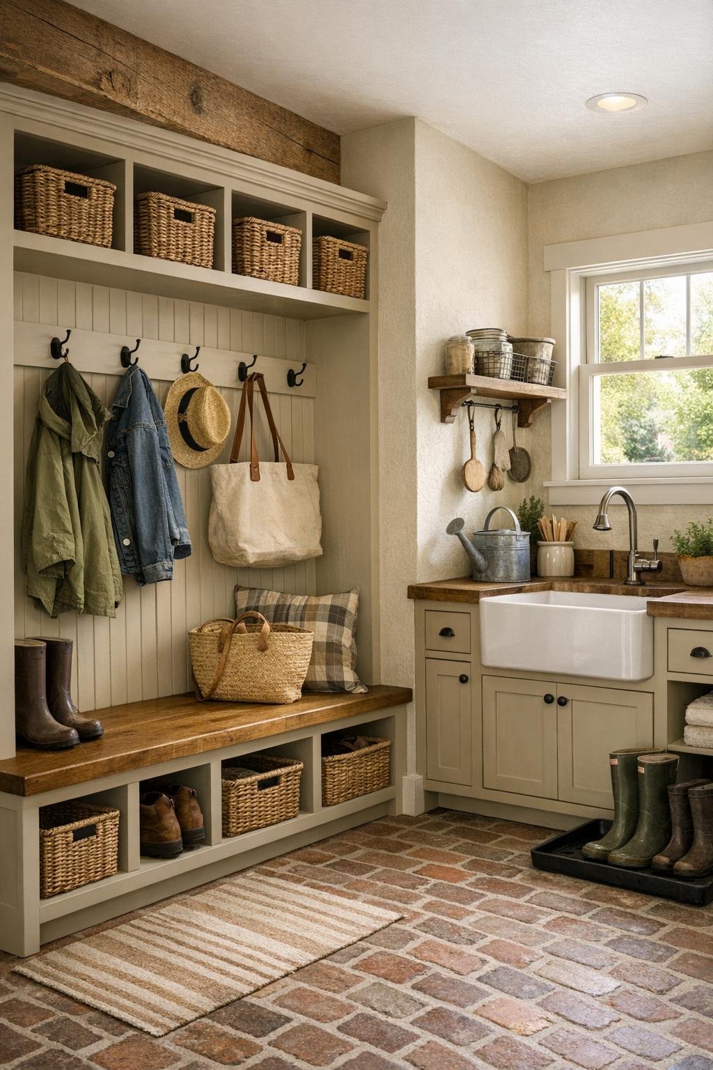 Barn farmhouse mudroom and utility area with built-ins, bench, and durable tile flooring