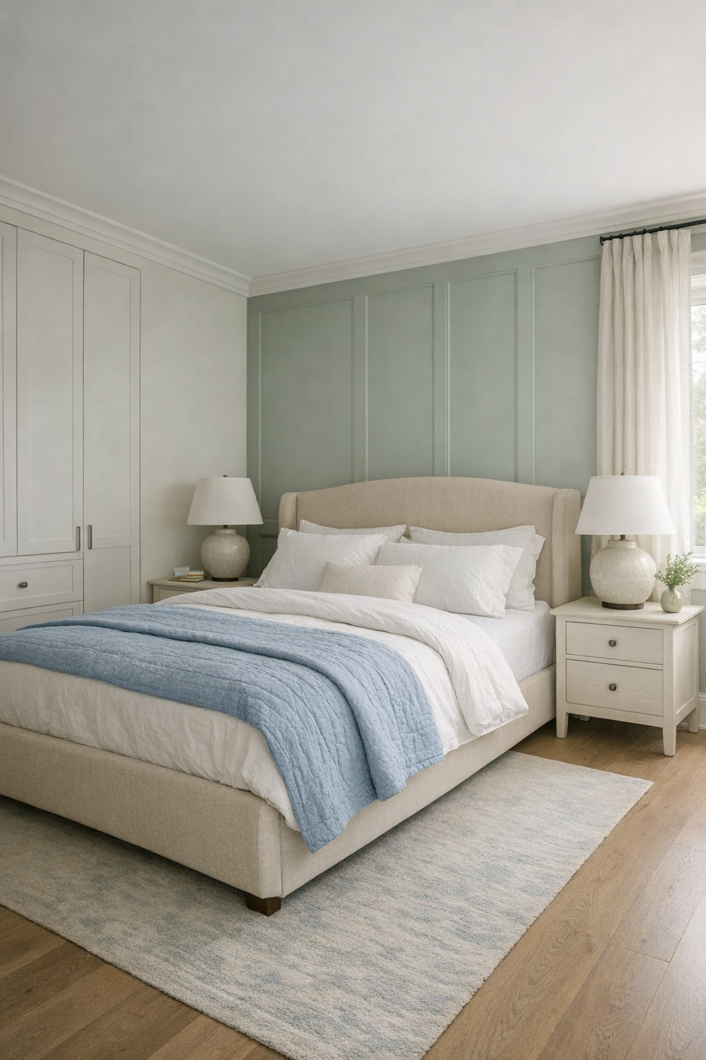 Peaceful bedroom with a beige upholstered bed, pale gray-green wall, and layered linens