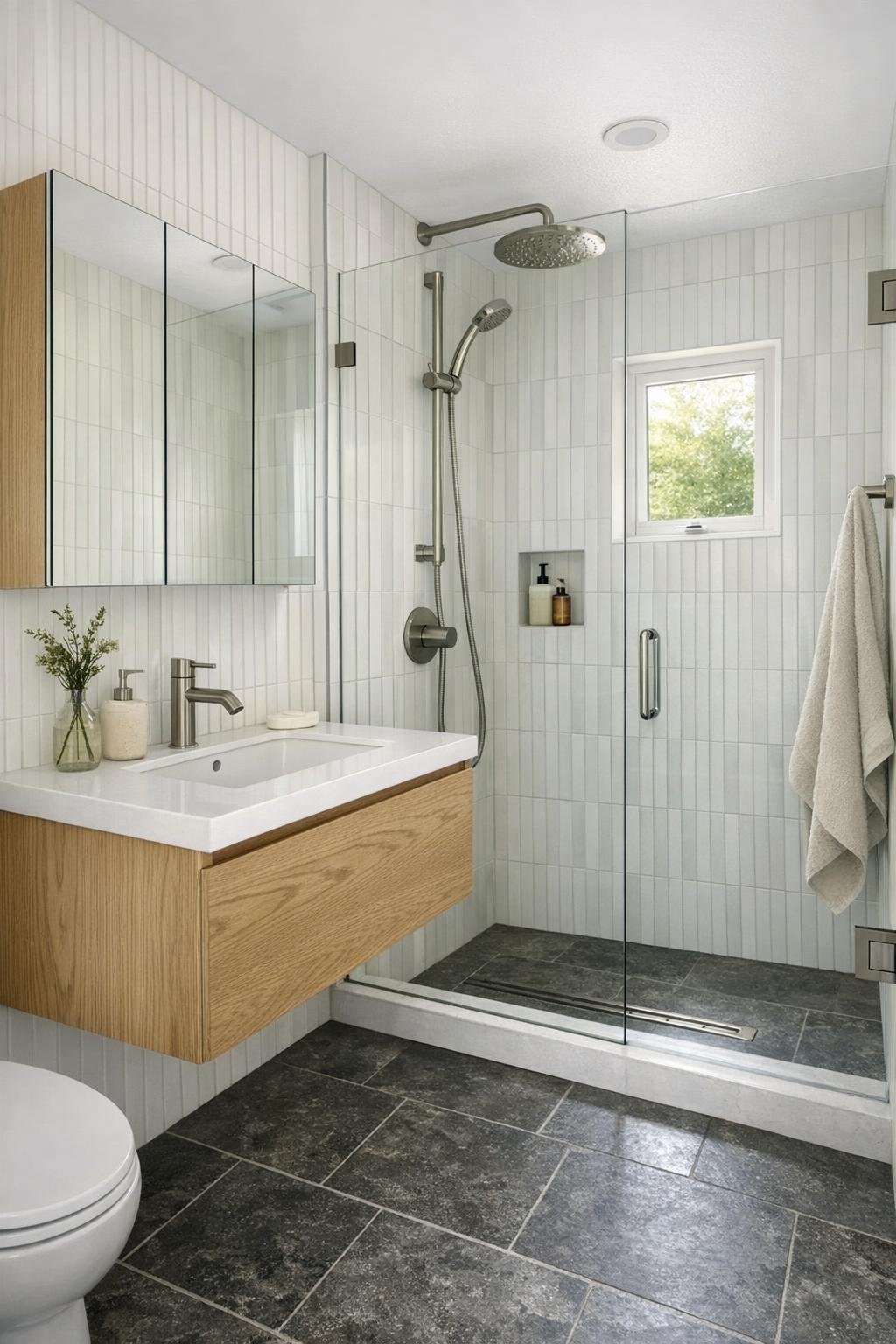 Compact bathroom with tiled shower, floating wood vanity, and soft natural light