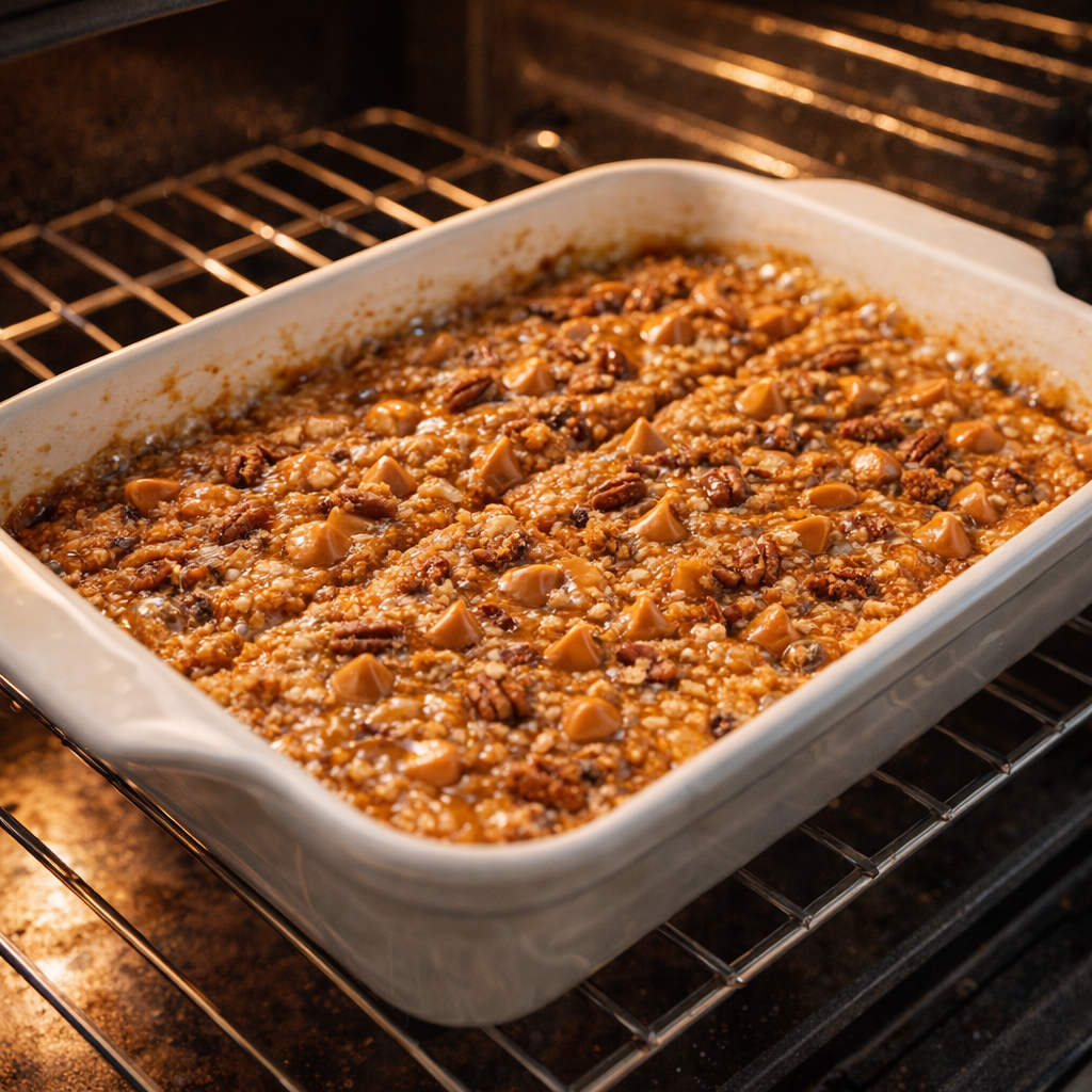 Bubbling butterscotch pecan bars baking in the oven