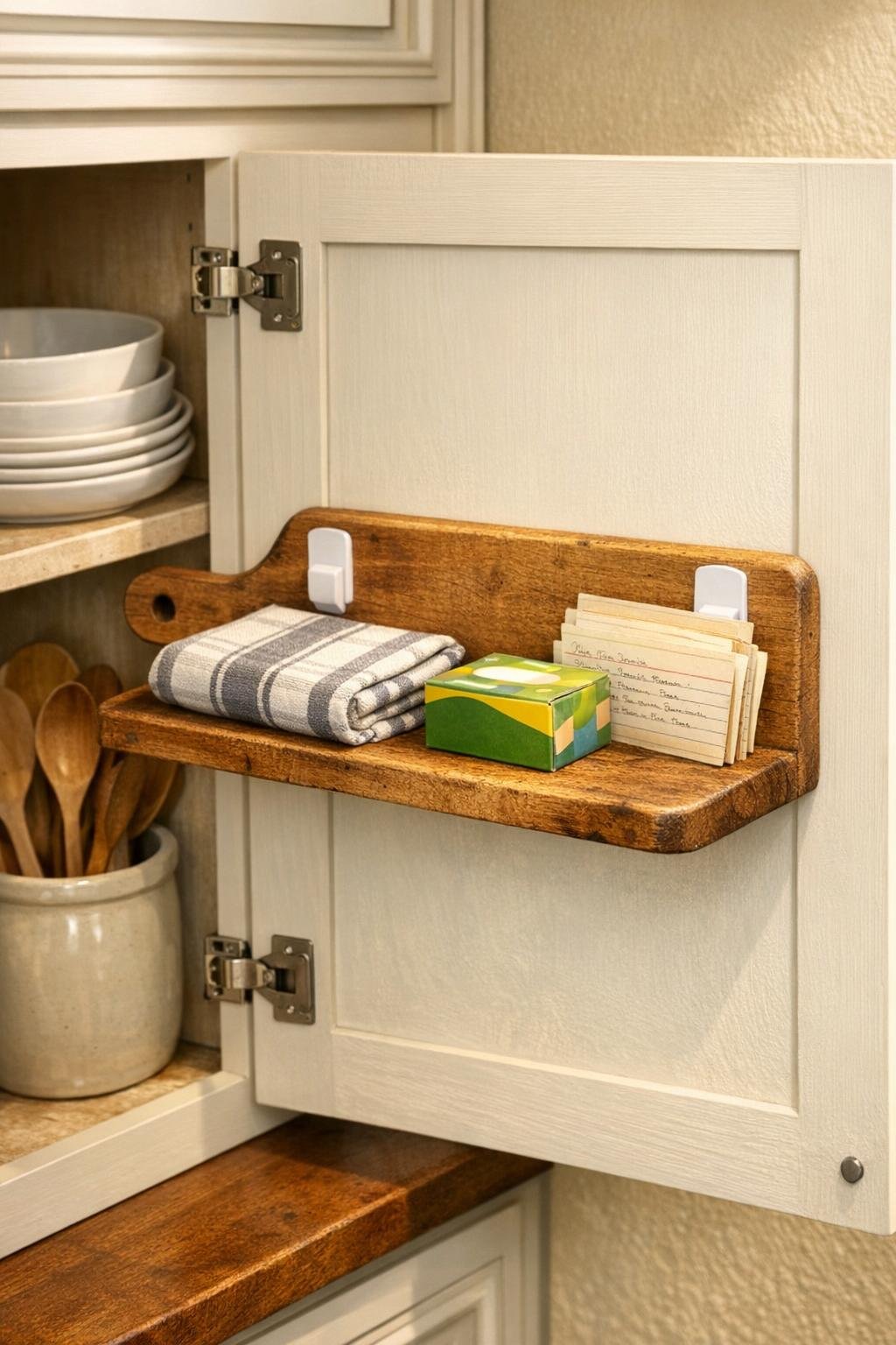 Finished cutting board shelf inside a cabinet door