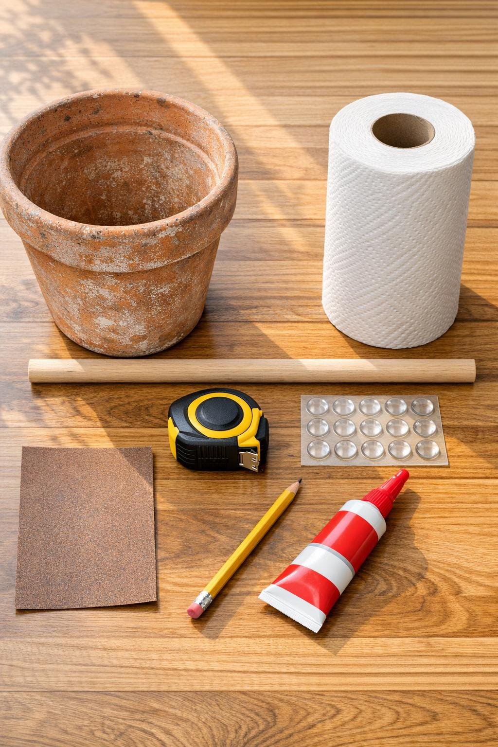Materials for a terracotta pot paper towel holder laid out on a work surface