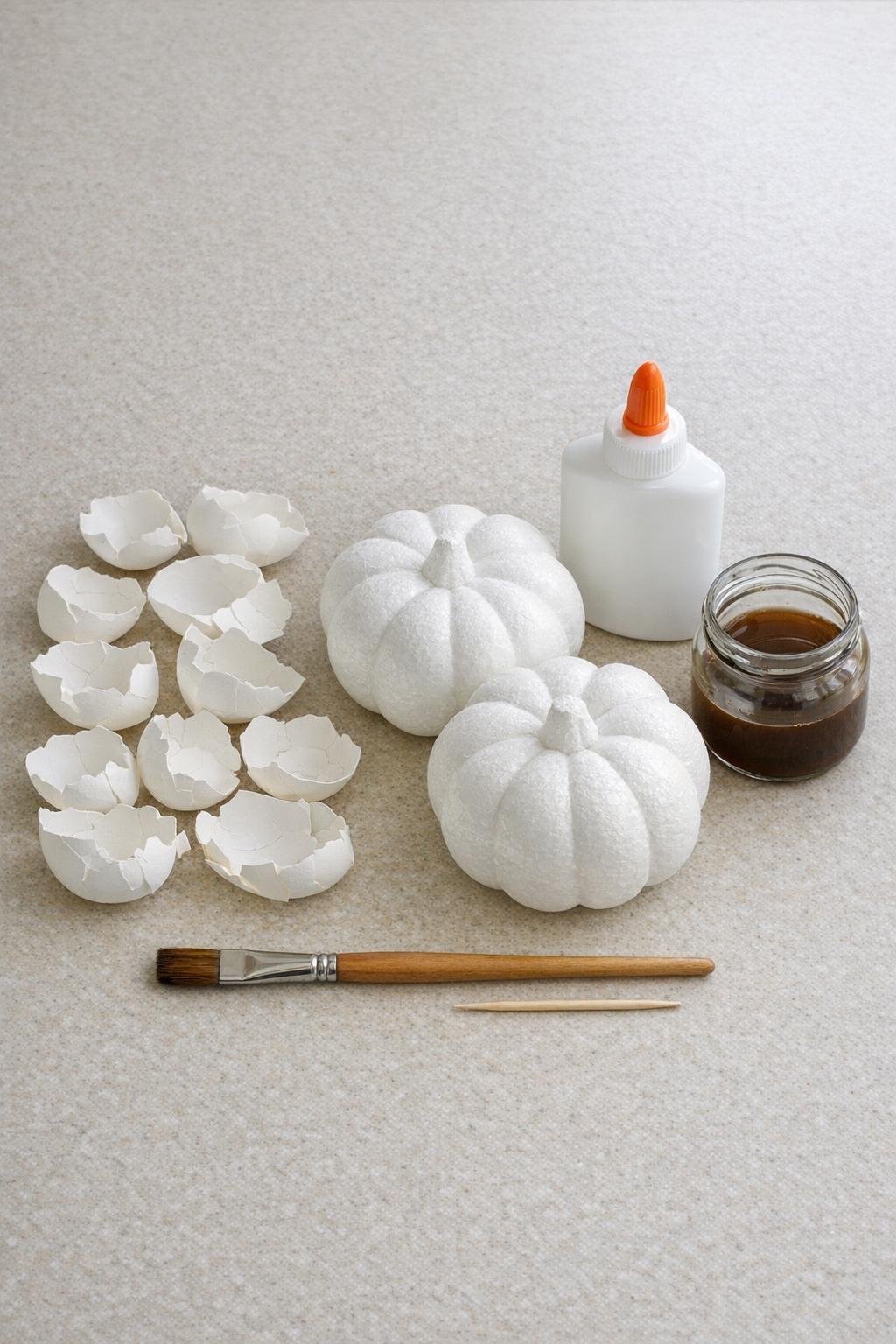 Materials laid out for eggshell mosaic pumpkins