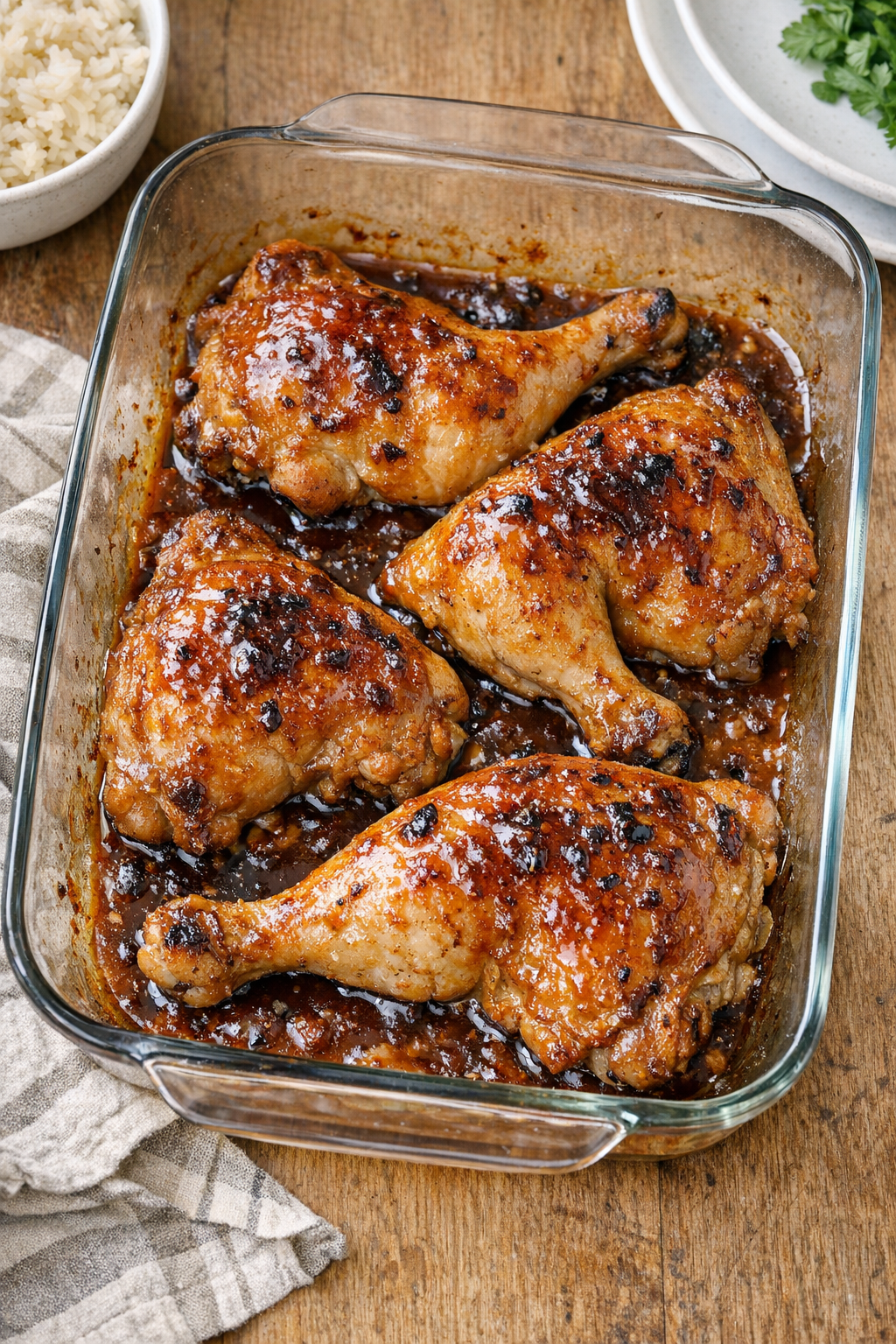 Finished baked chicken quarters in a glass casserole dish