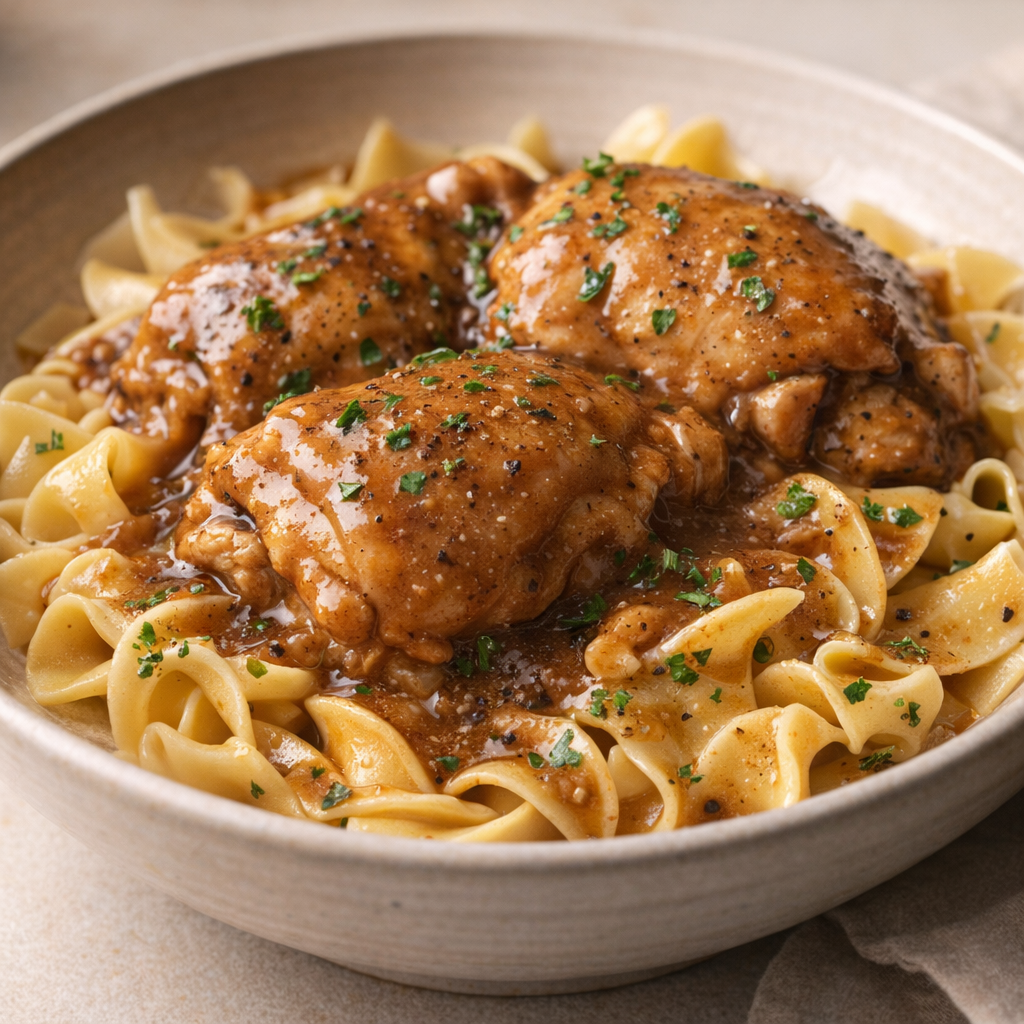 Smothered chicken served over egg noodles with extra gravy