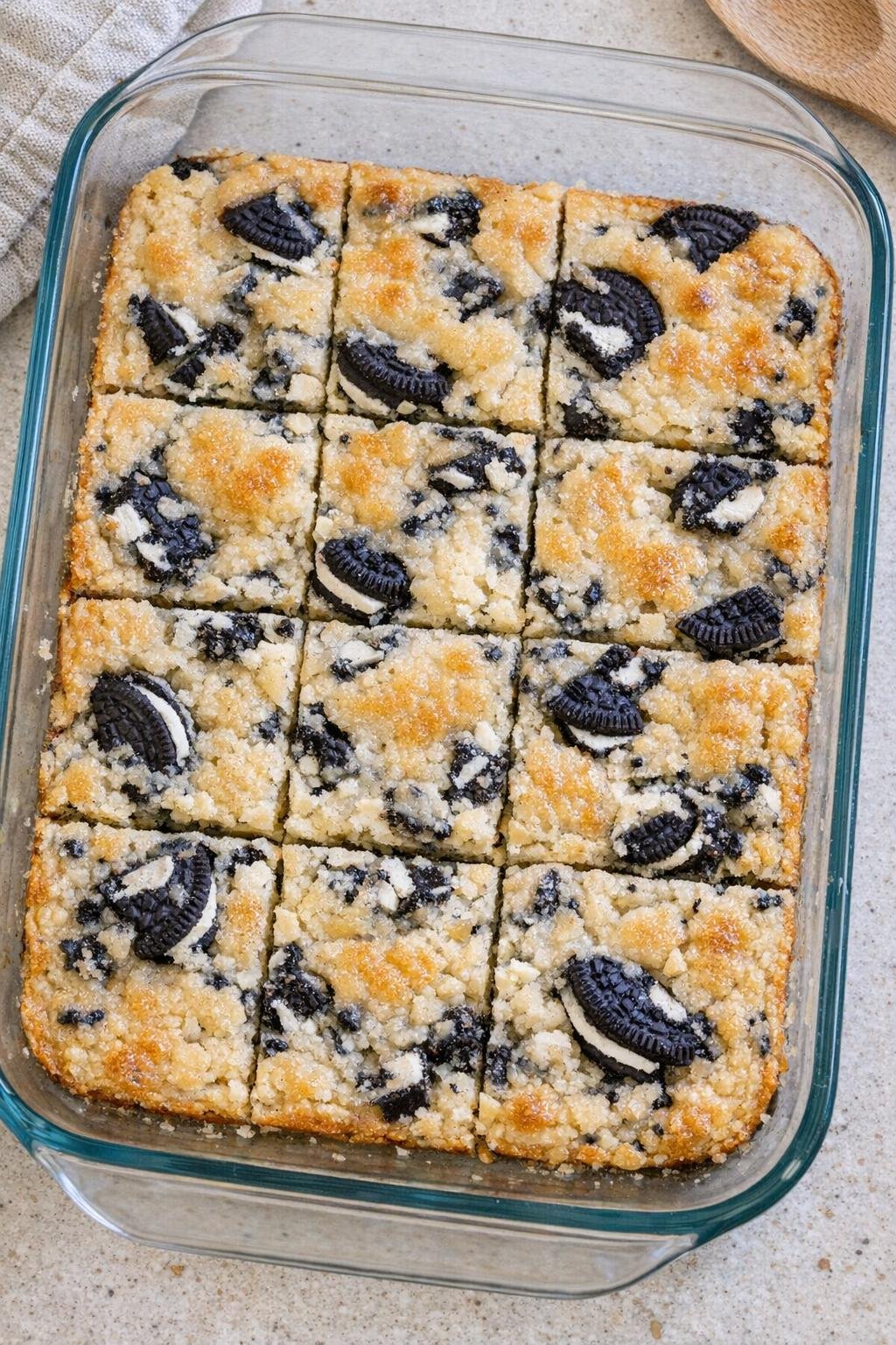 Finished cookies and cream fudge bars in a glass baking dish