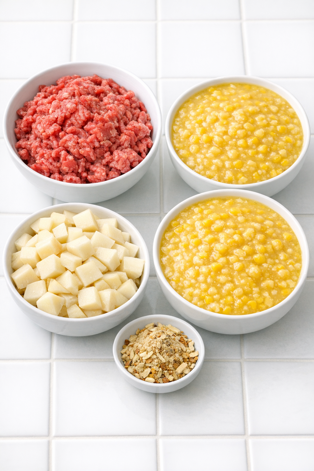 Ground beef, creamed corn, diced potatoes, and onion soup mix on a countertop