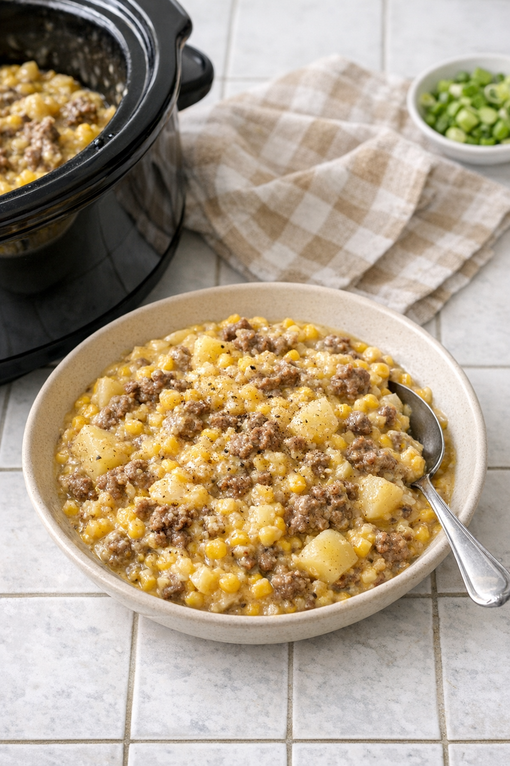 Finished bowl of slow cooker corn mash with ground beef and potatoes