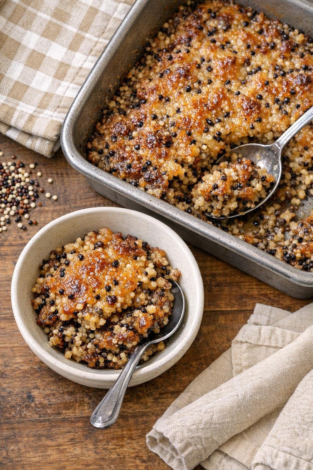 Baked sweet tricolor quinoa dessert in a roasting pan