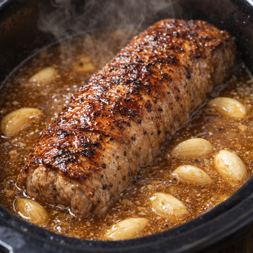 Golden ale pork tenderloin with garlic cloves in the cooking broth