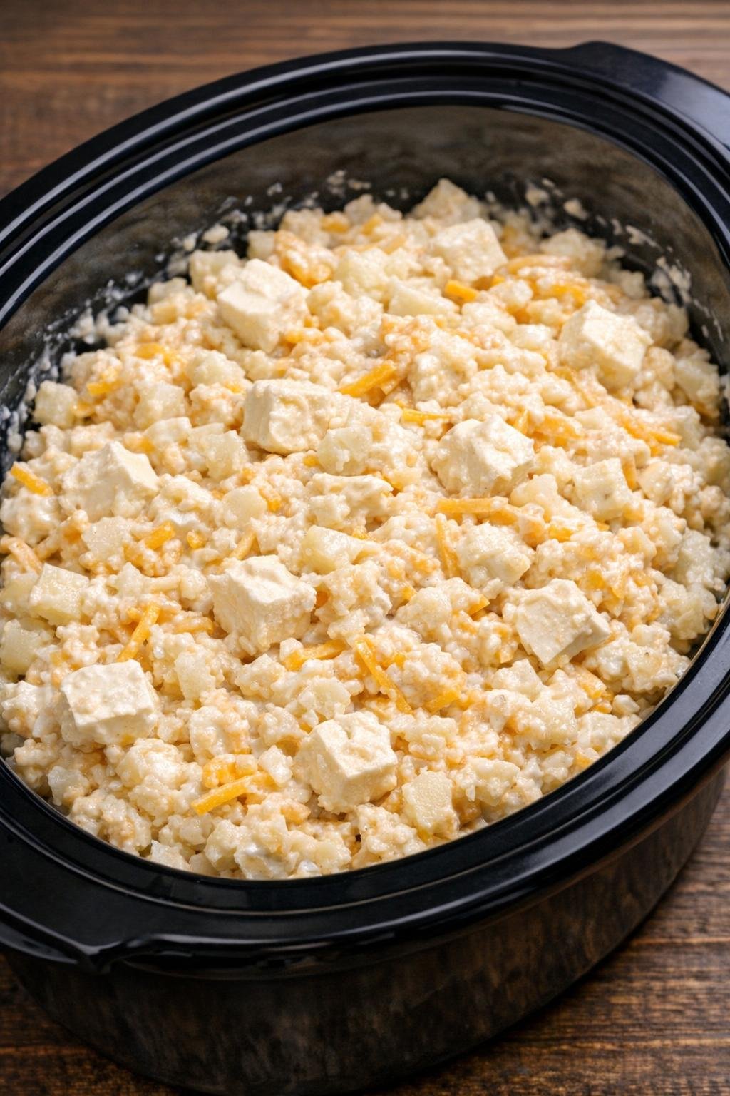 Hash browns and creamy ingredients mixed in slow cooker