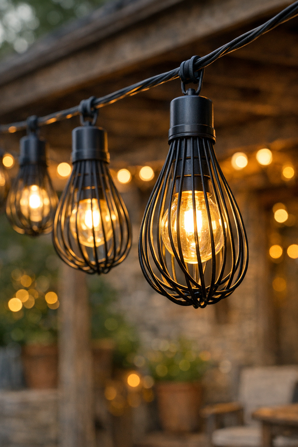 Finished rustic patio string lights made with black painted whisks over warm white bulbs