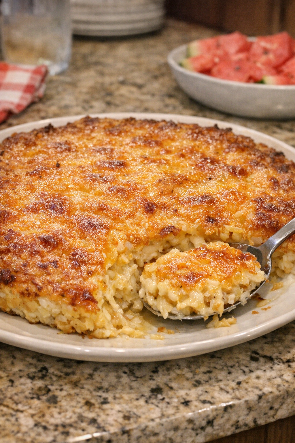 Finished cheesy hash brown bake on a white serving plate