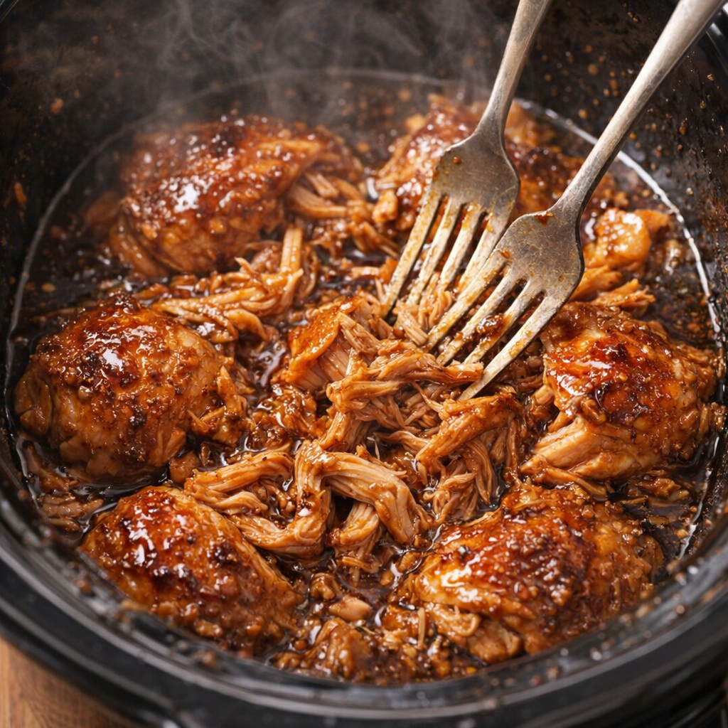 Cooked chicken being shredded in the slow cooker