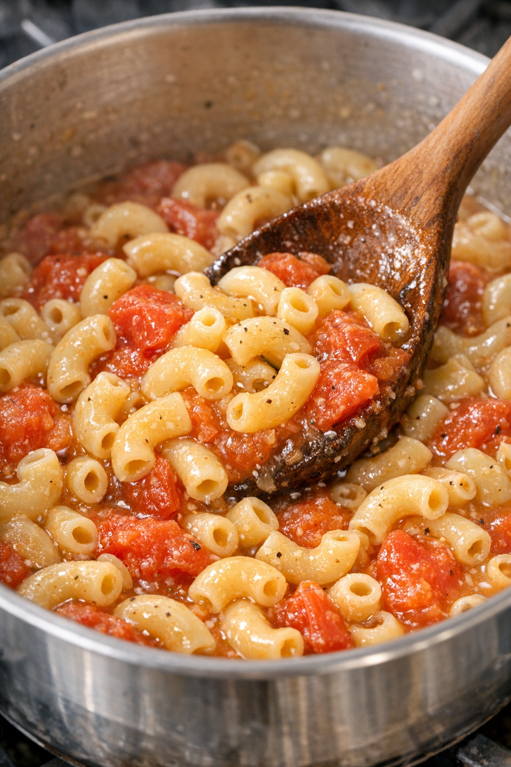 Macaroni stirred into stewed tomatoes