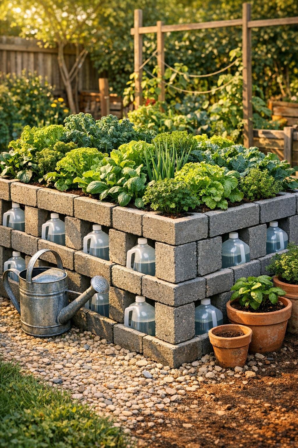 Finished cinder block raised bed thermal mass garden planted and styled in a backyard
