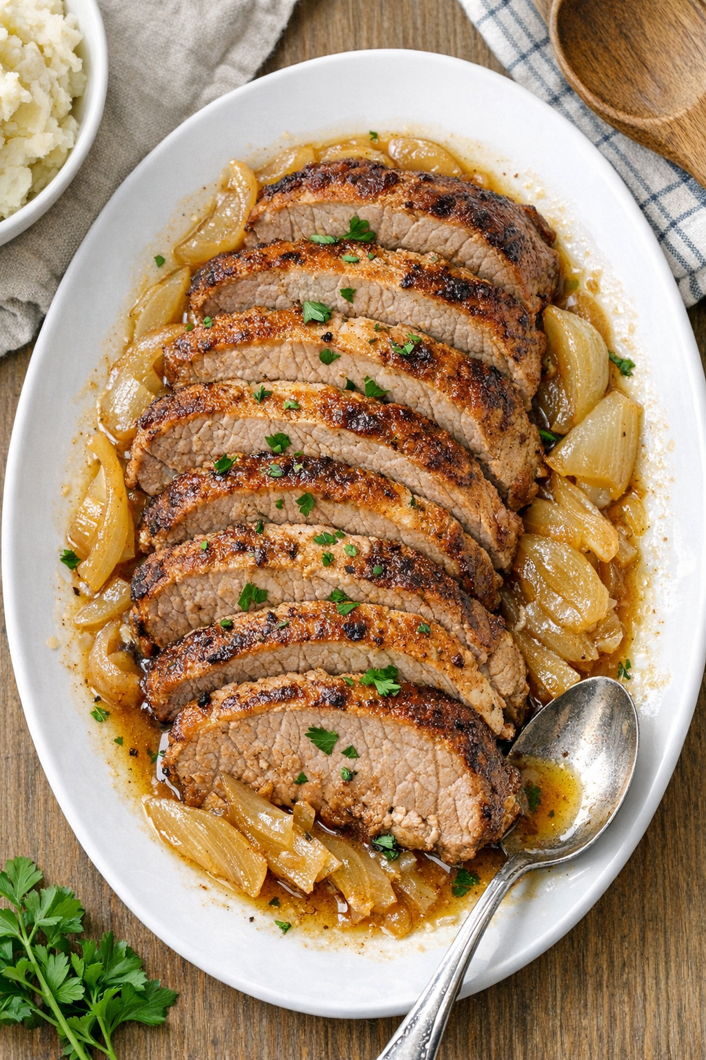 Finished slow cooker pork sirloin tip roast on a platter