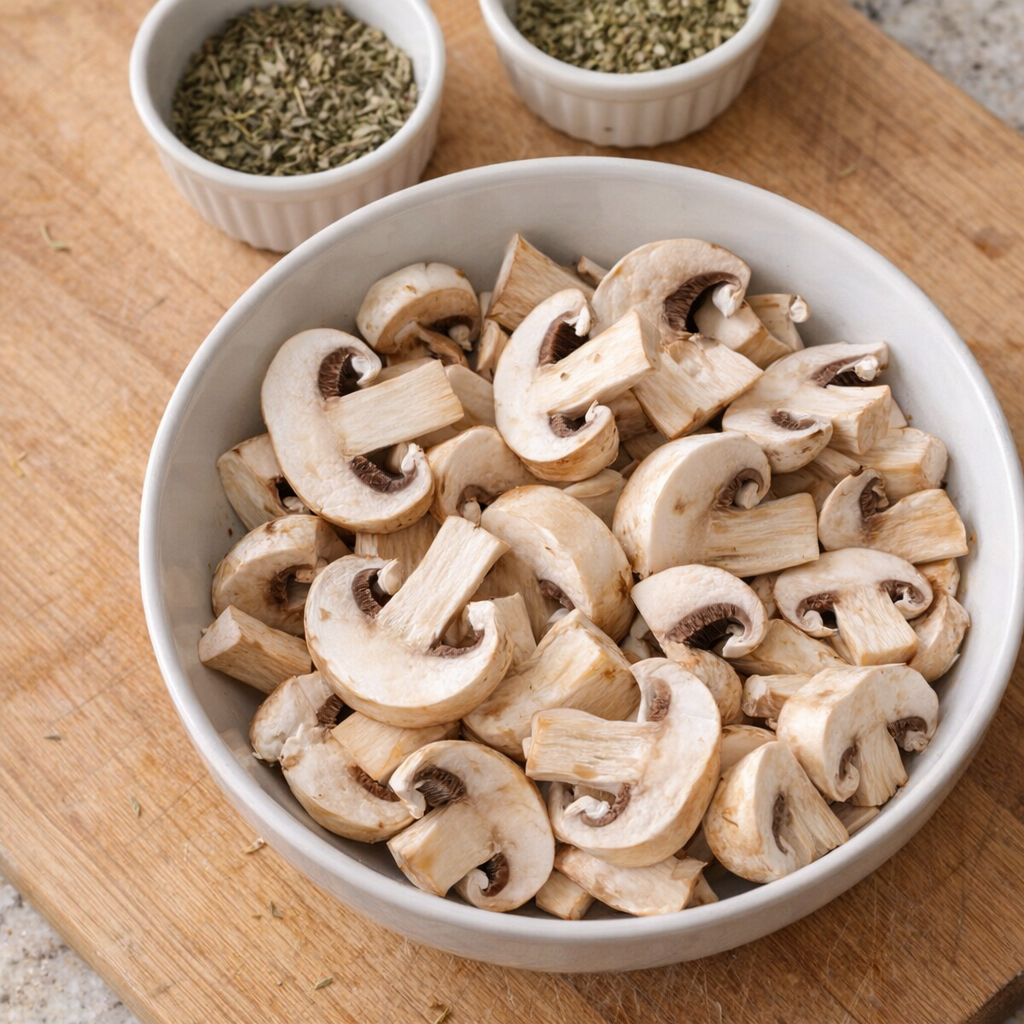 Fresh sliced mushrooms and dried herbs arranged for recipe variation