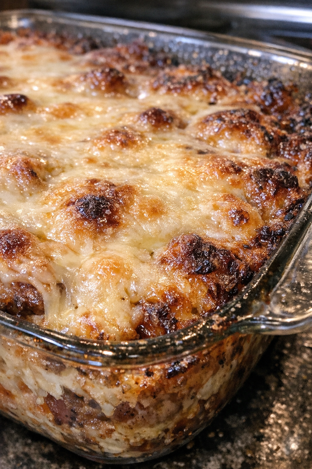 Bubbling cheese-draped bake in a glass casserole dish