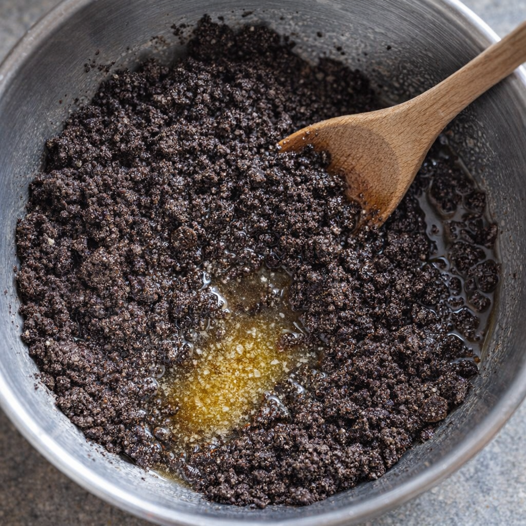 Crushed chocolate cookies and butter being mixed in a bowl