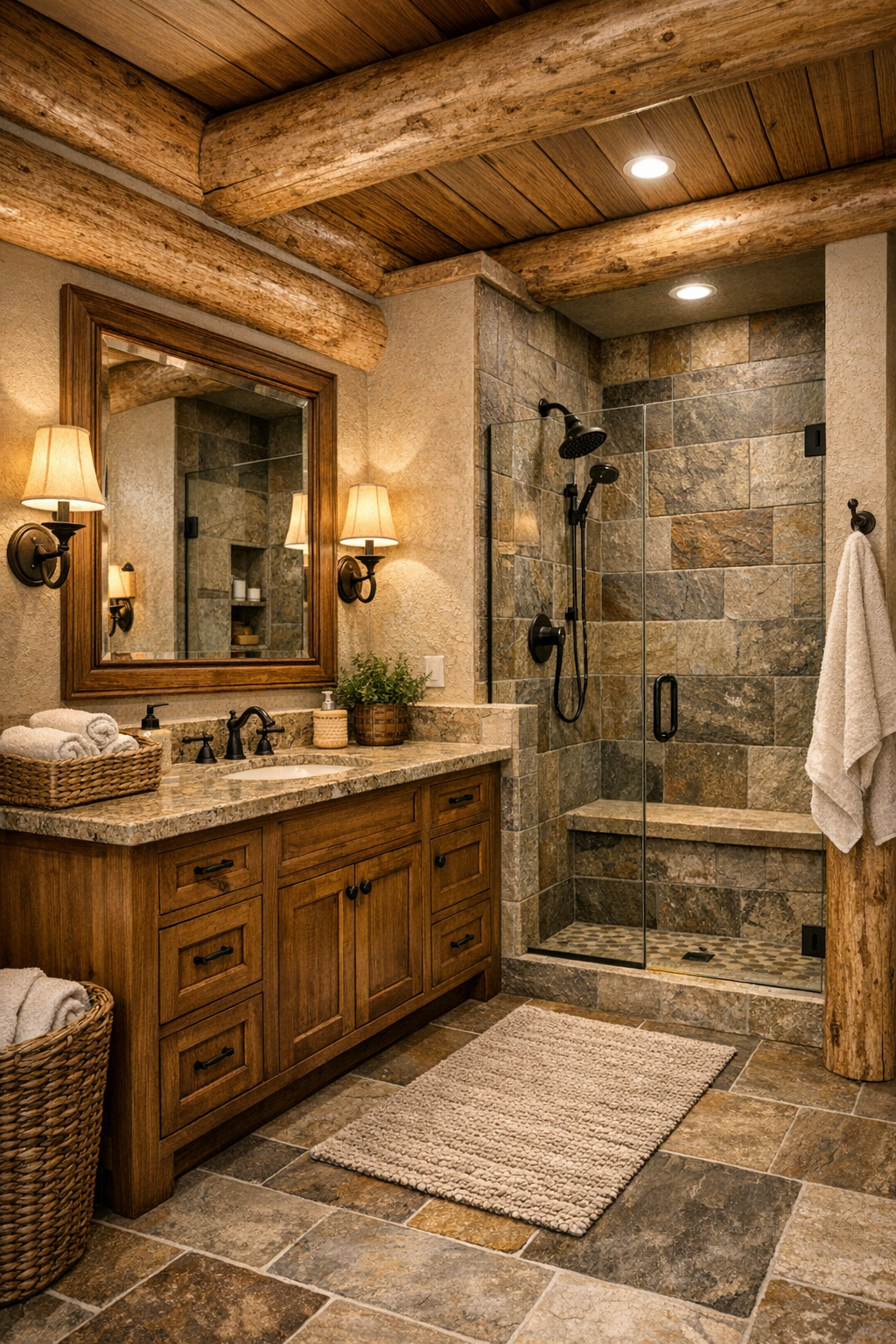 Rustic refined bathroom with wood vanity and stone finishes in a log home