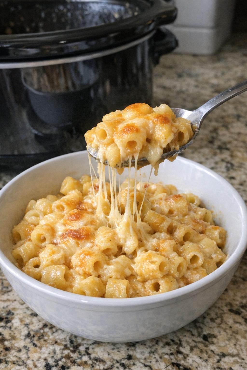 Finished cheesy ditali pasta plated in a bowl with golden melted cheese