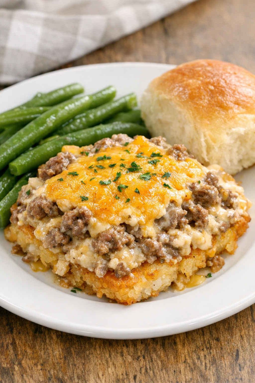 Plated serving of slow cooker hash brown casserole with sides