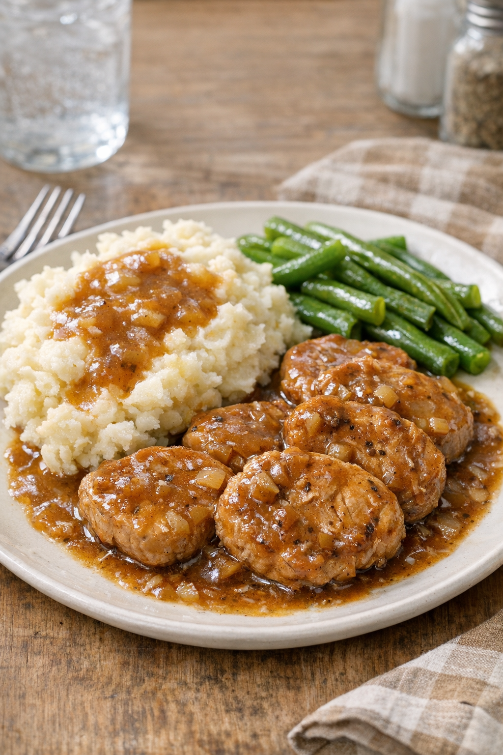 Finished slow cooker pork medallions plated with sauce
