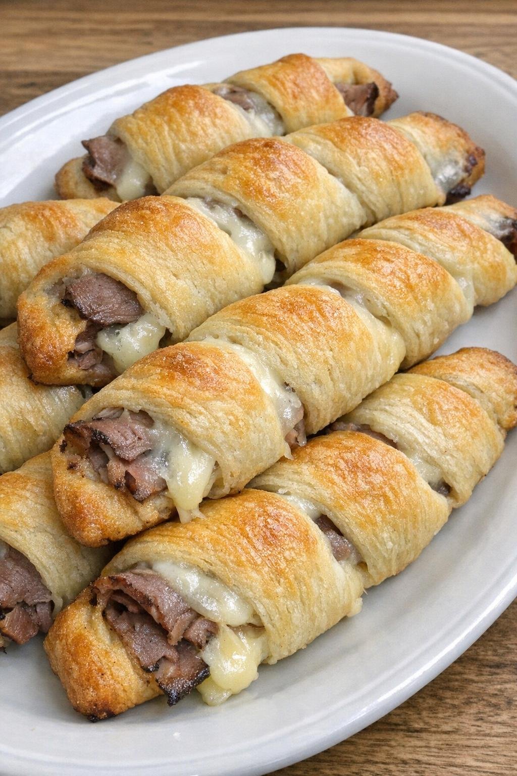Golden brown roast beef and provolone crescent twists on a white platter