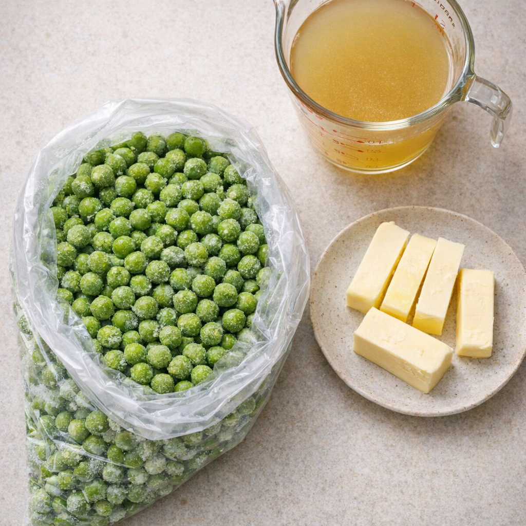 Frozen peas, butter, and broth measured on a kitchen counter