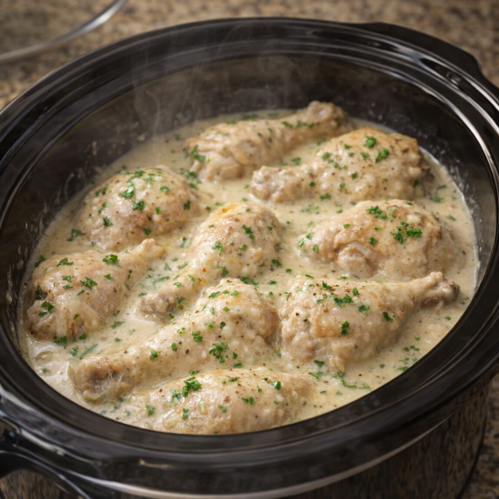 Cooked chicken fricassee in the slow cooker with creamy gravy