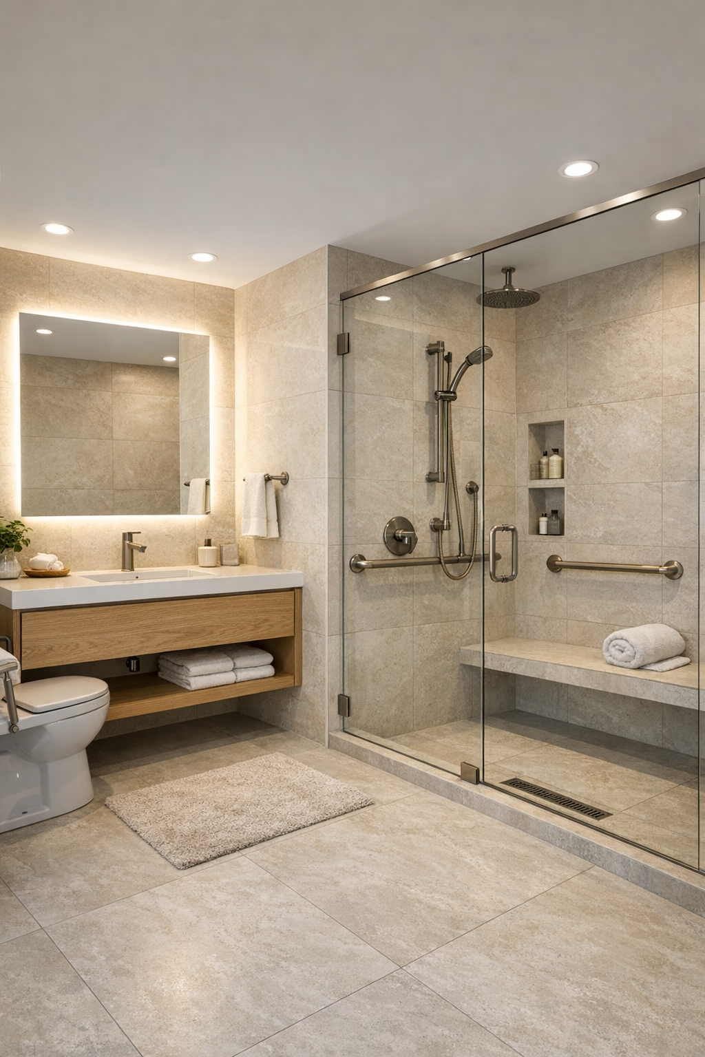 Elegant accessible bathroom with curbless shower and pale stone tones