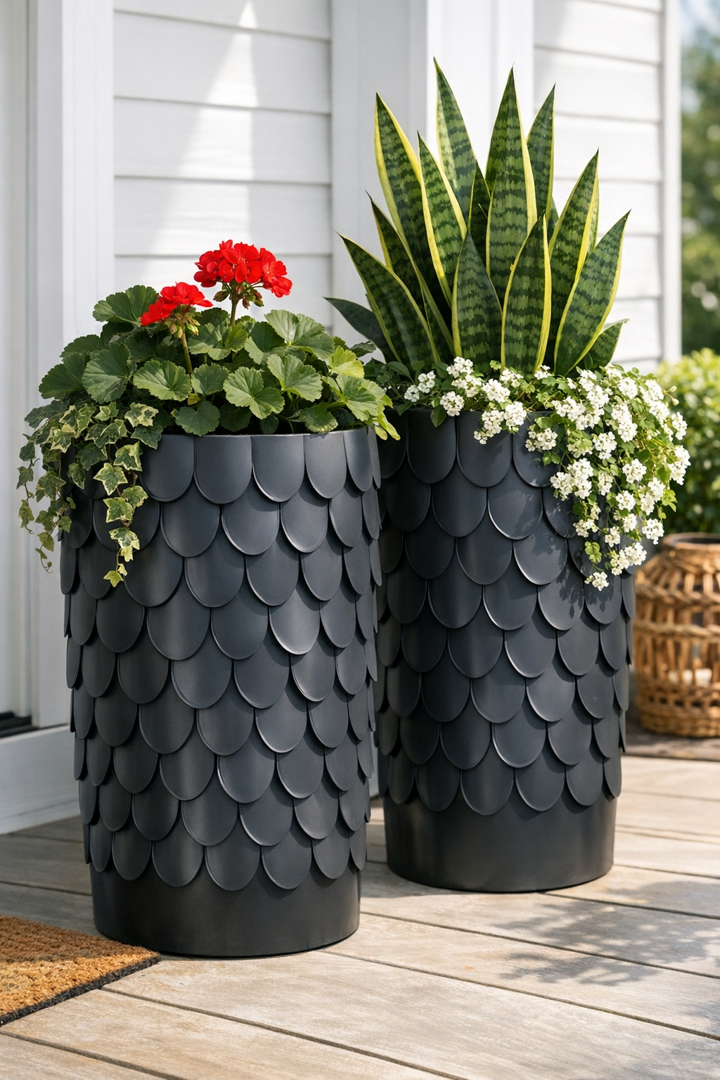 Finished matte charcoal gray scalloped porch planters