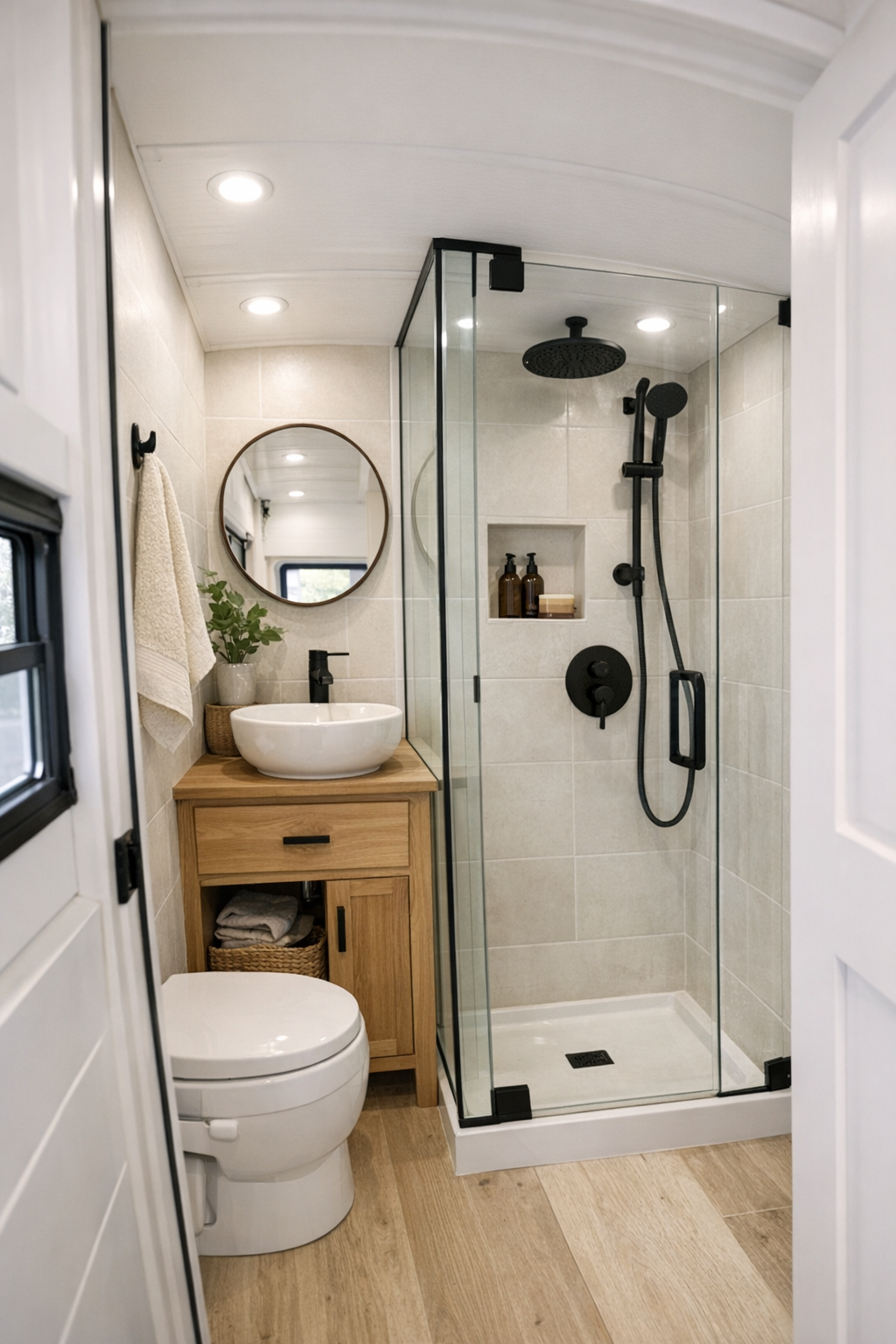 Small modern bathroom in a converted bus with glass shower and wood vanity