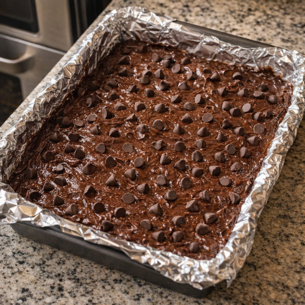 Unbaked chocolate cherry bar batter in a foil-lined pan topped with chocolate chips