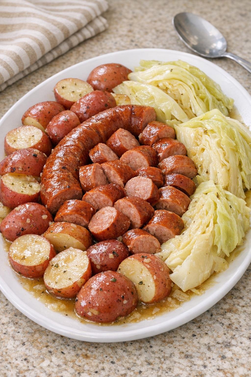 Finished kielbasa, cabbage, and potatoes plated family-style
