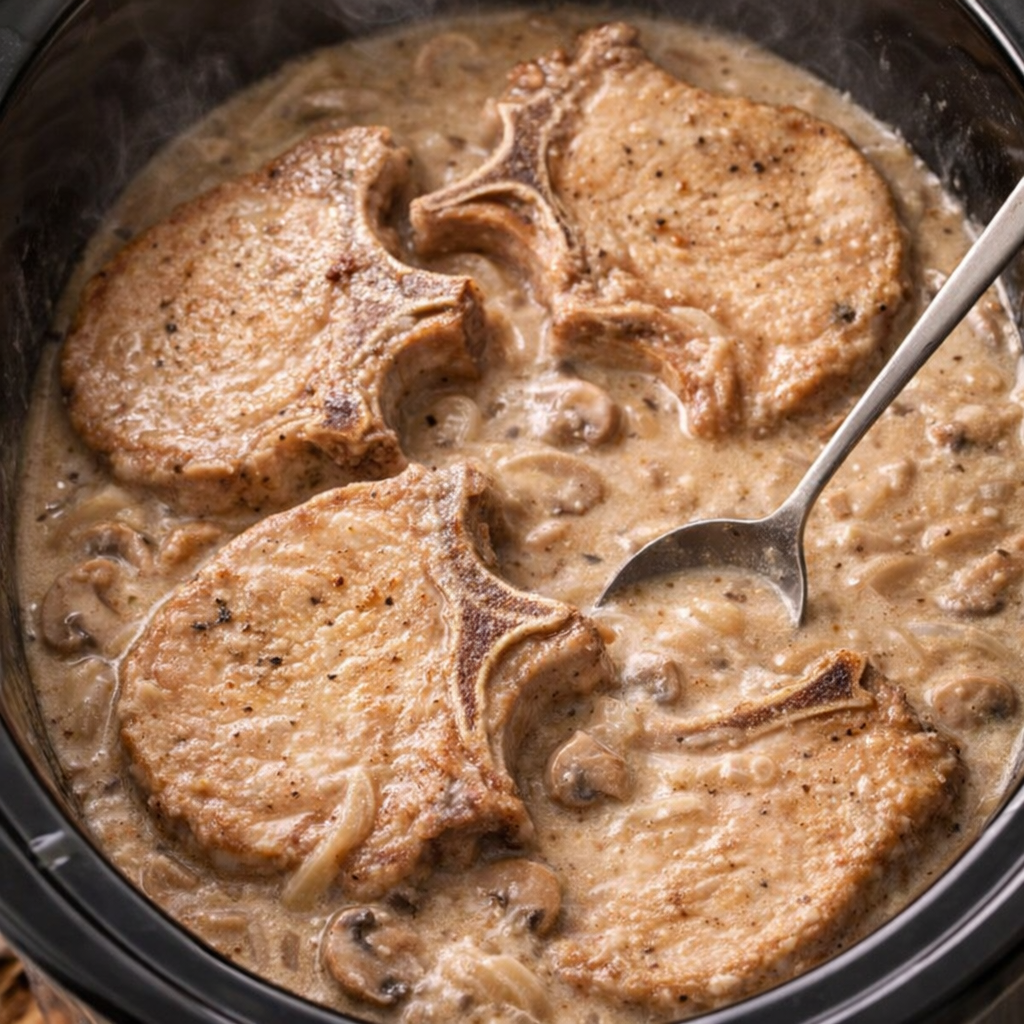 Cooked pork chops in creamy gravy inside the slow cooker