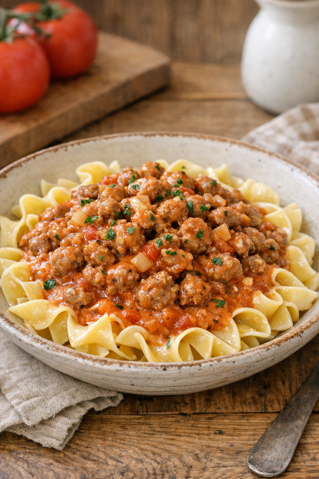 Finished vintage summer sausage crumbles served over buttered noodles
