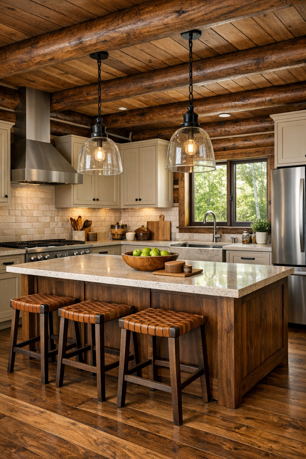 Crafted kitchen with painted cabinetry, walnut island, and stone counters