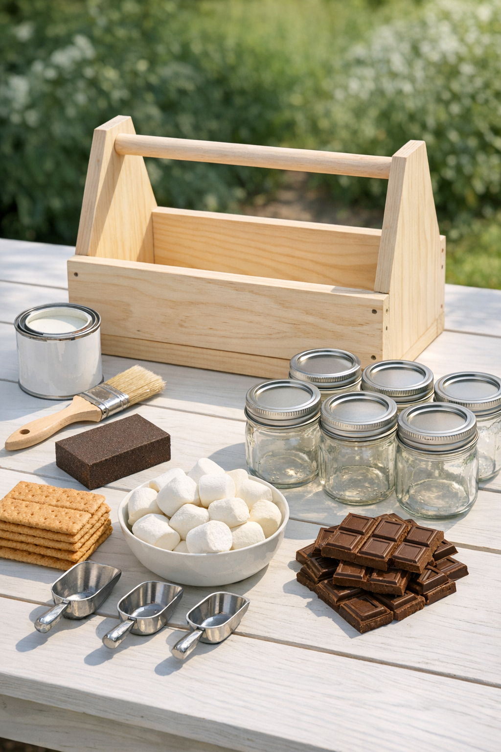 Wooden toolbox, paint, mason jars, and s'mores supplies laid out on a table