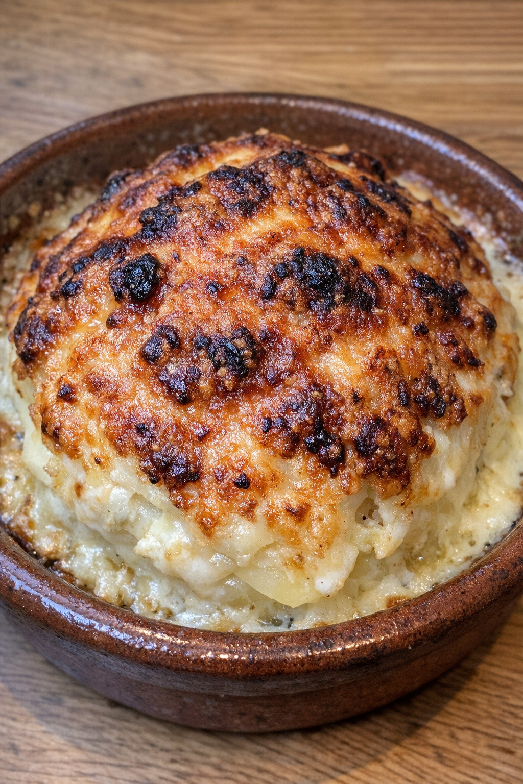 Creamy scalloped potato mound with browned cheese crust in an earthenware dish