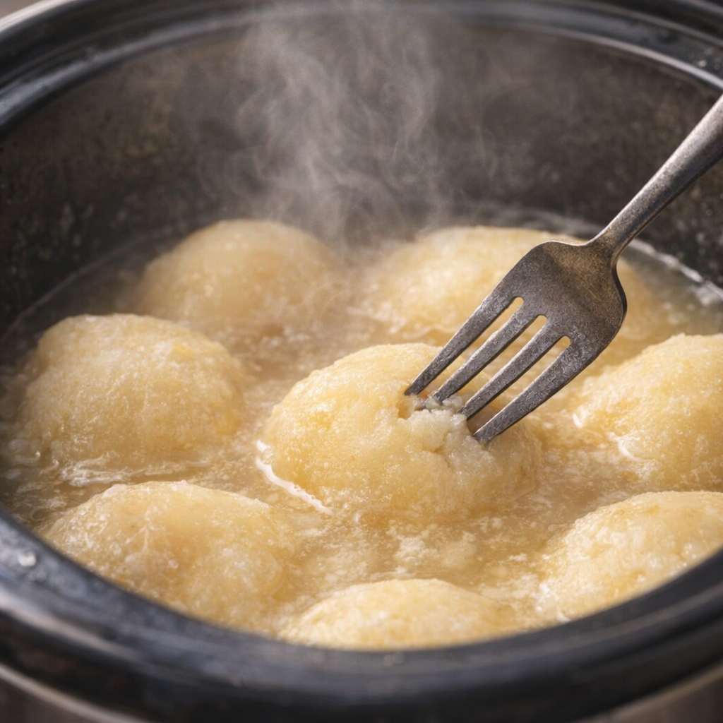 Tender cooked potatoes in the crock with a fork testing doneness
