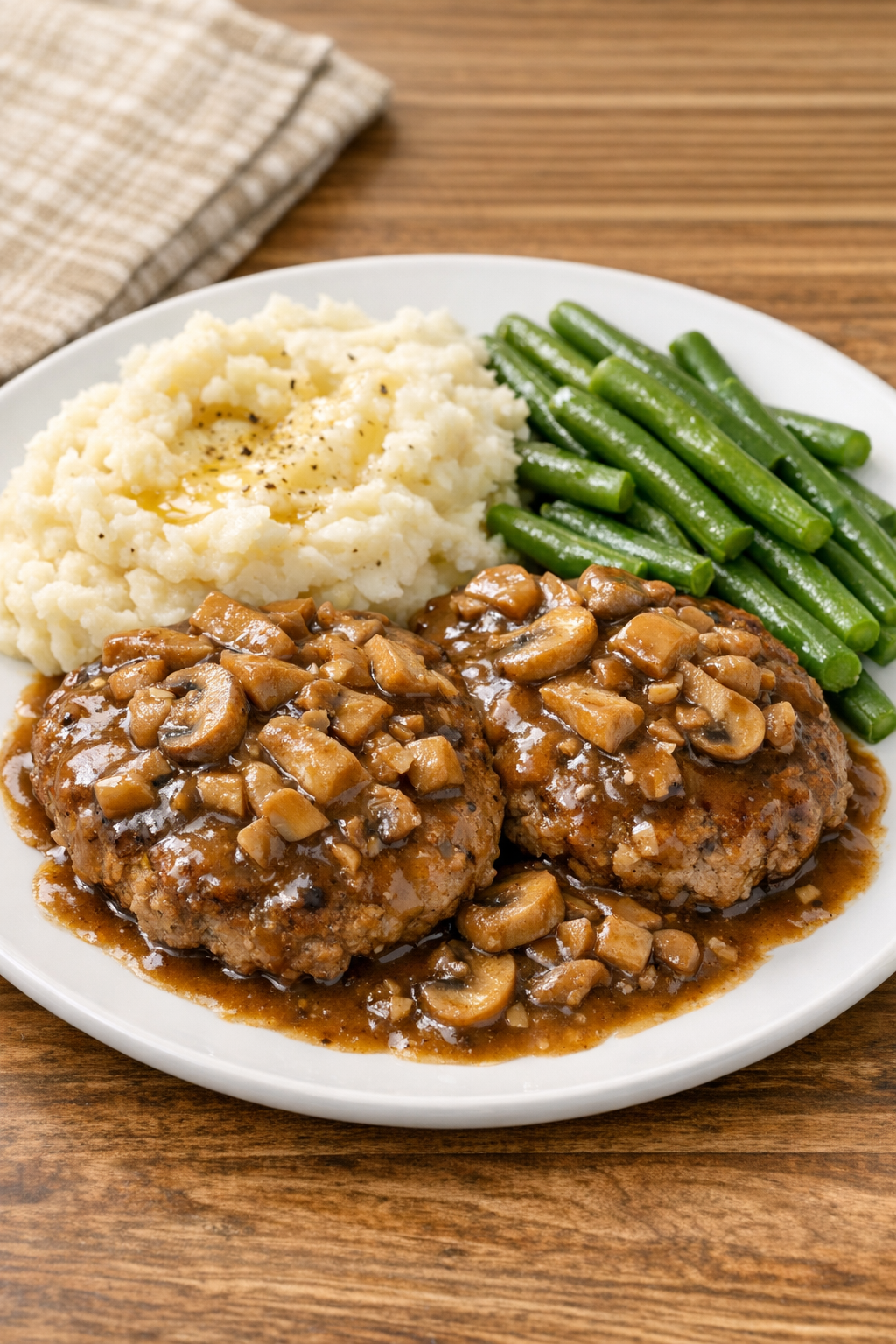 Finished mushroom-smothered beef patties plated with gravy