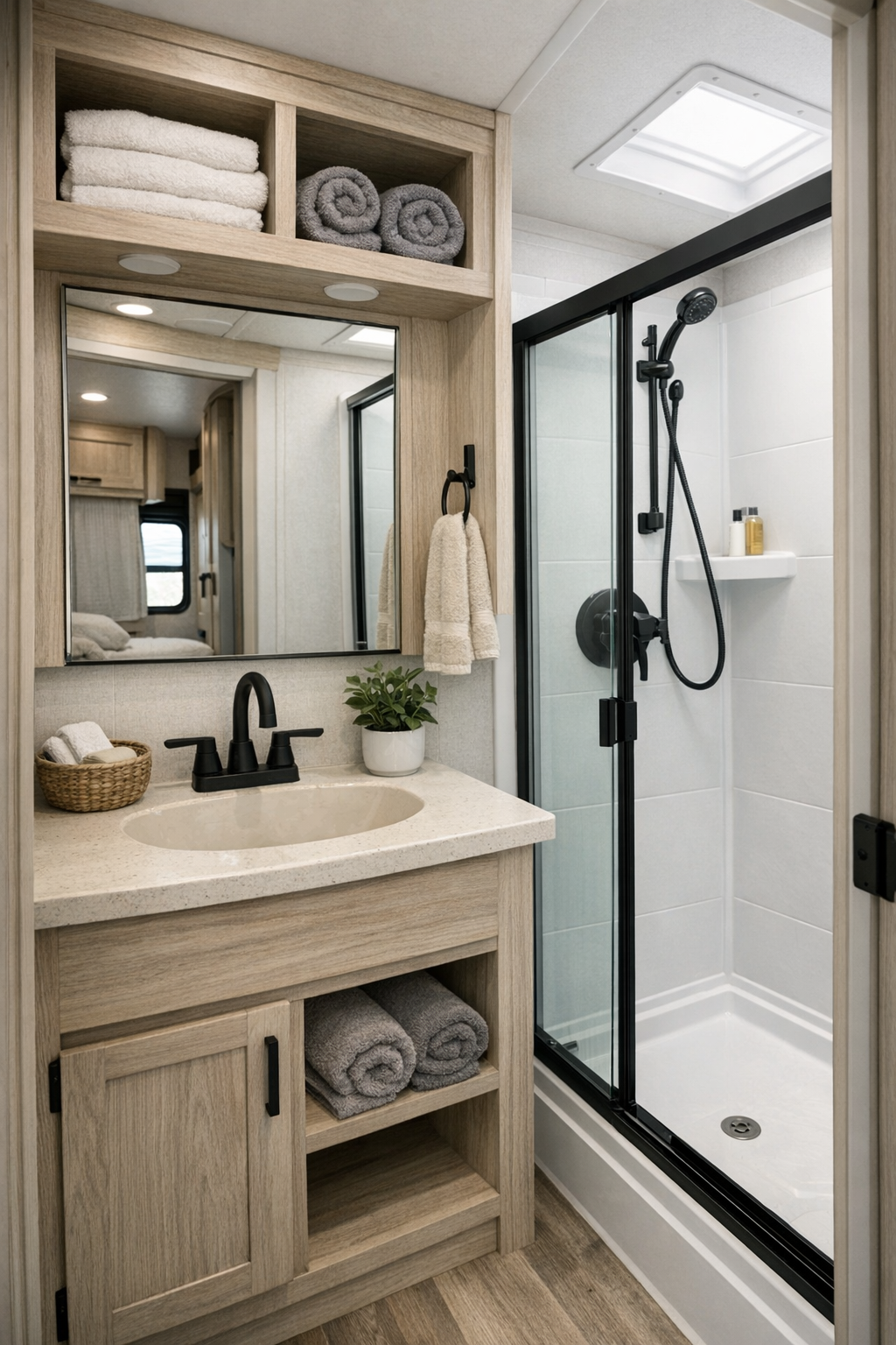 Bright RV bathroom with pale wood vanity, matte black fixtures, and simple shower enclosure