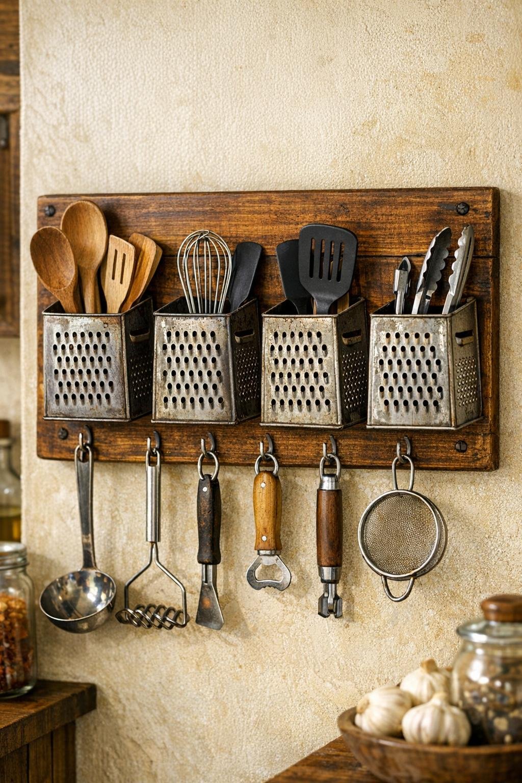 Finished rustic utensil holder made from four old cheese graters mounted on a stained wood board