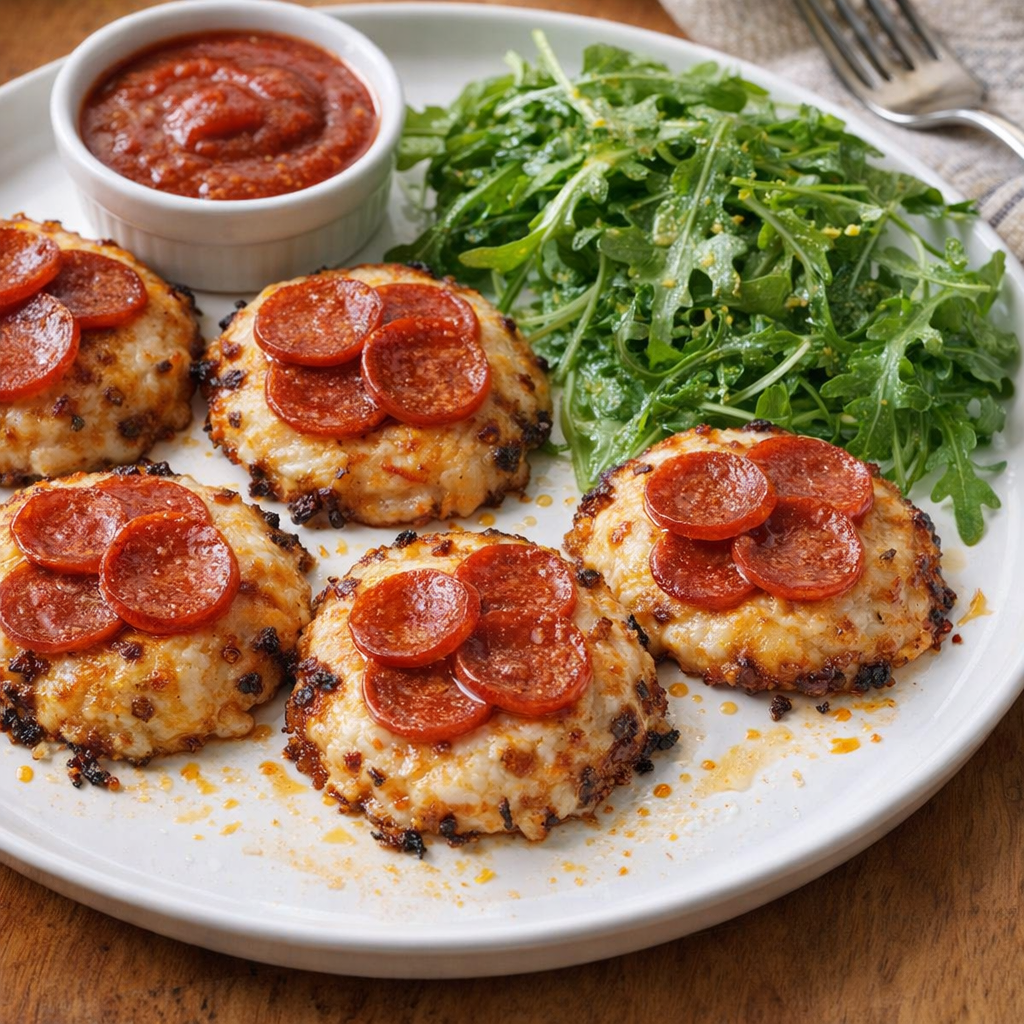 Pizza bites served with marinara and salad on a dinner plate