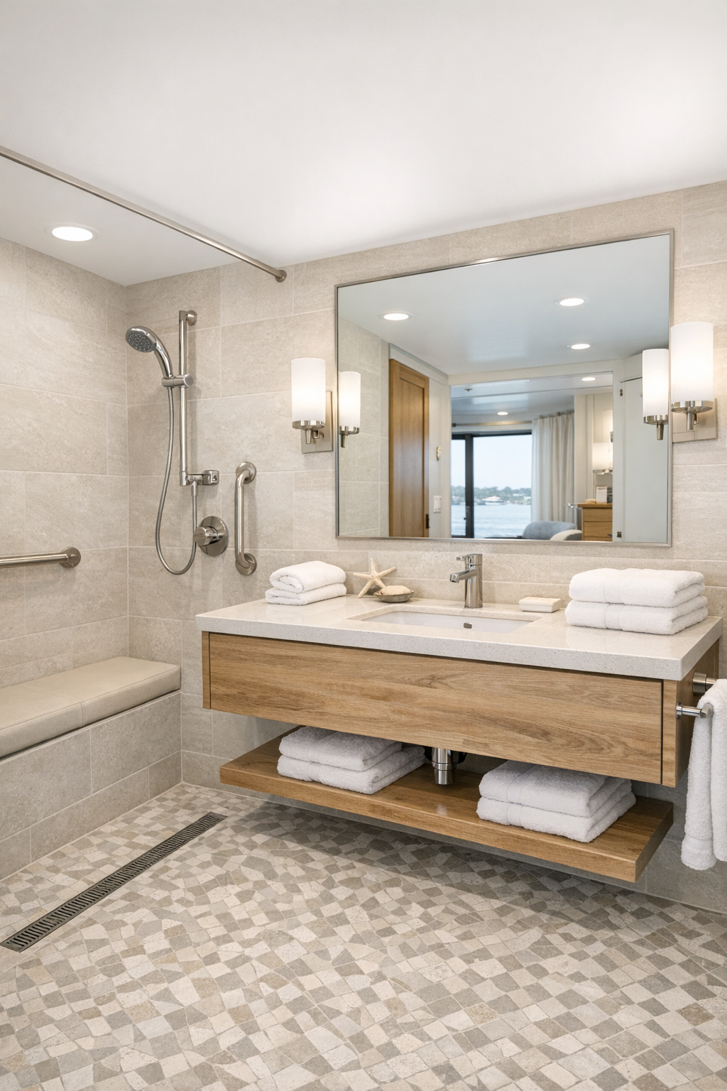 Accessible coastal bathroom with a curbless shower, pale limestone-look tile, and a floating wood vanity