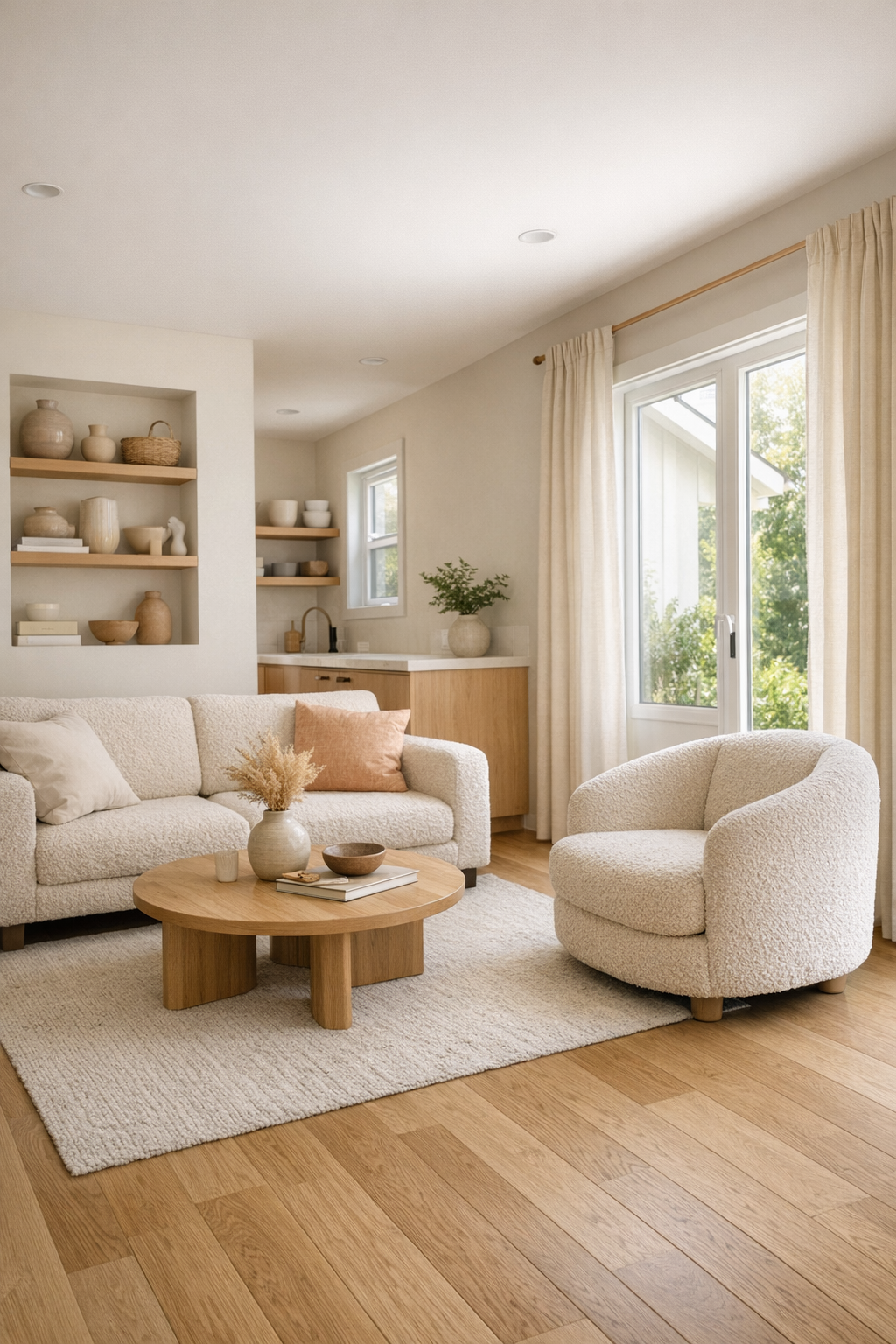 Soft peach tiny home living room with oatmeal sofa and light oak flooring