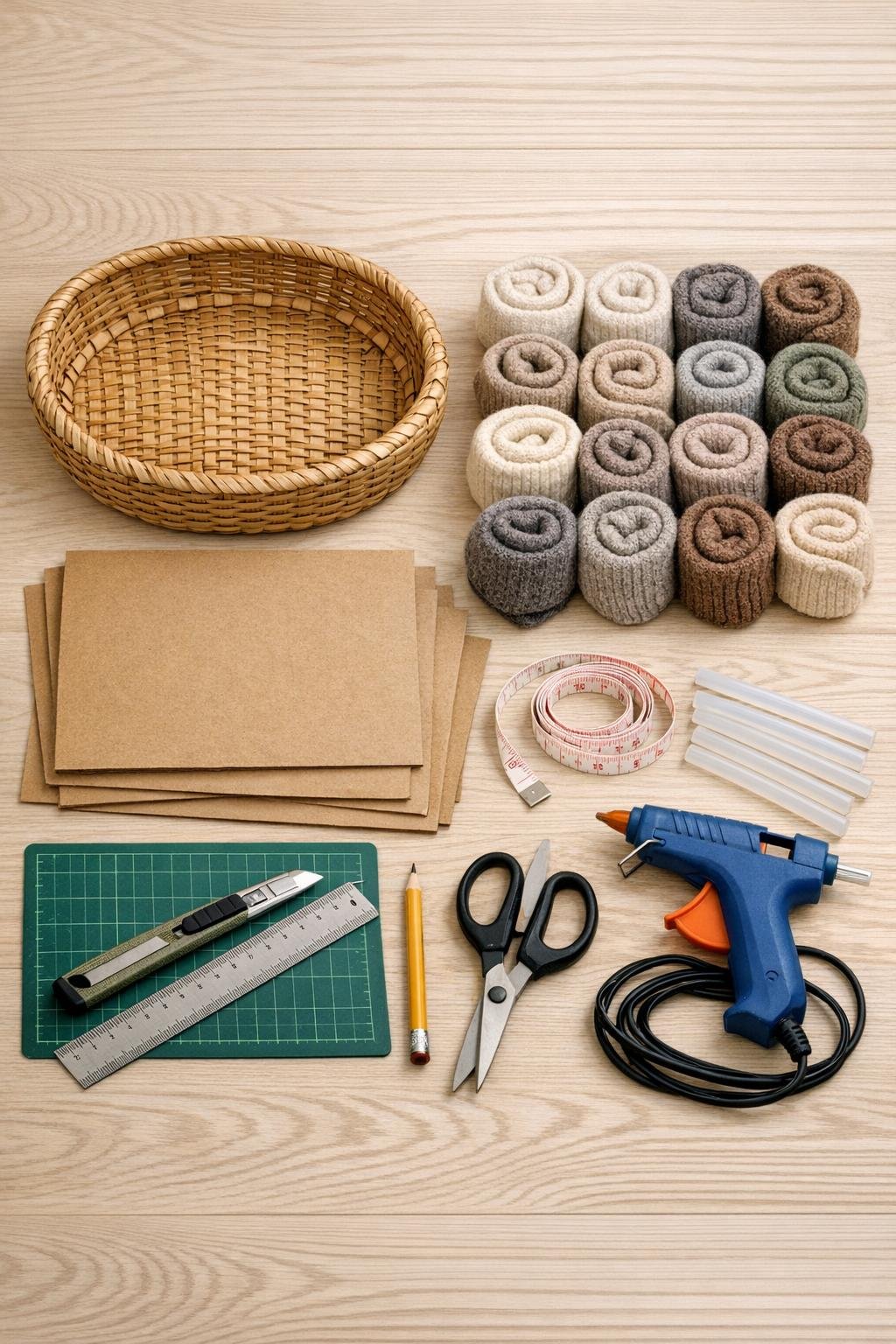 Materials for a sock organizer laid out neatly
